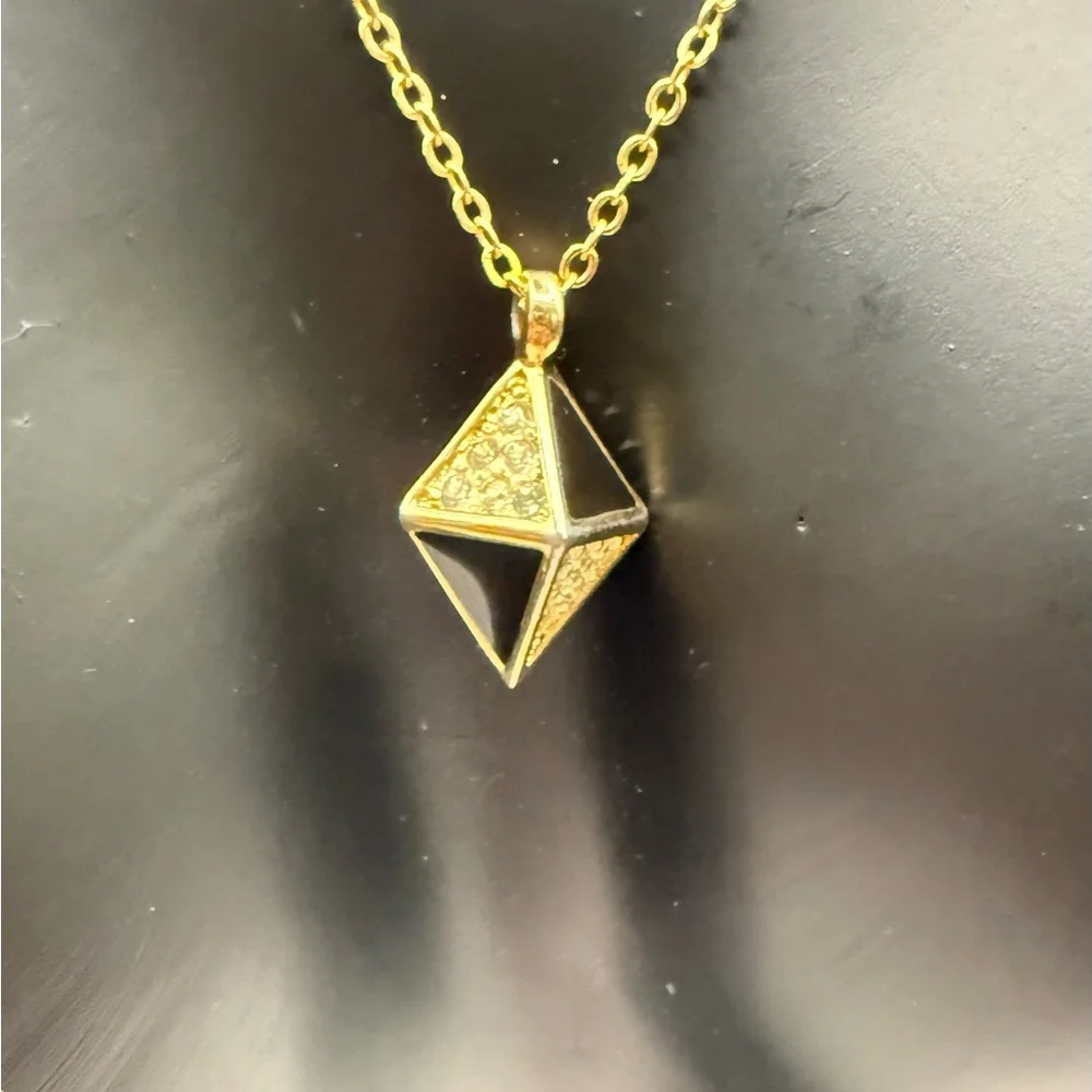 Vintage Dior Gold rhinestones, and black Triangle Pendant with chain Necklace - Picture 3 of 12